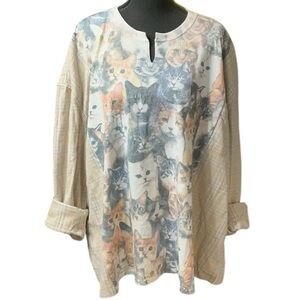 Cat Theme T Shirt Flannel Upcycled Top